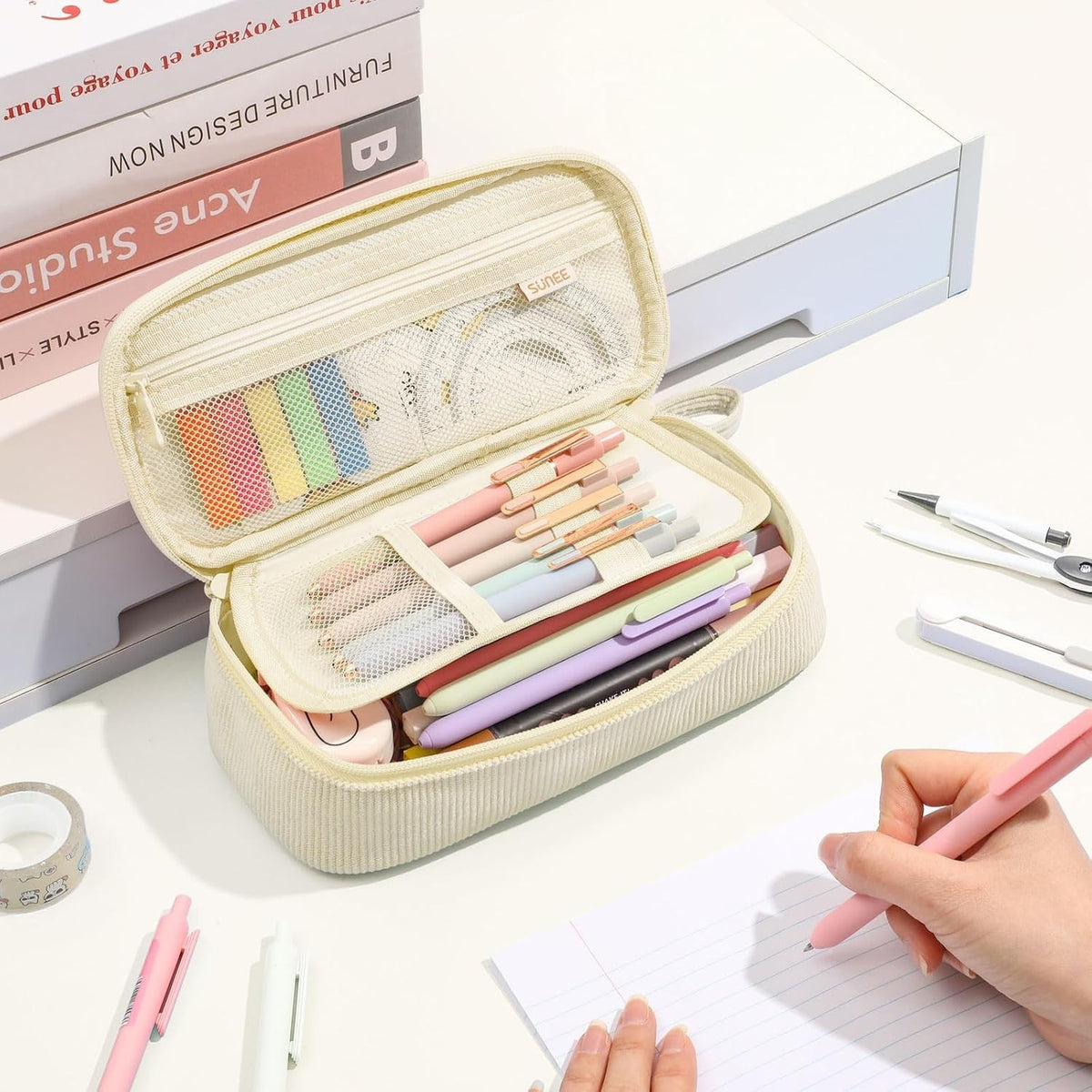 Beige Corduroy Pencil Case with Zipper - Spacious Stationery Organizer