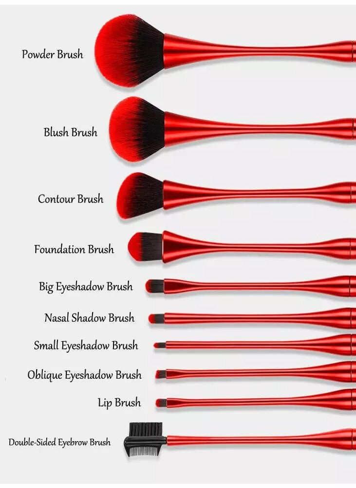 Makeup Brush Set with Red Tubus Case - 10 Professional Cosmetic Brushes