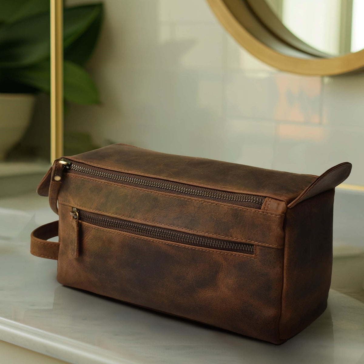 Leather Travel Toiletry Bag - Waterproof Premium Leather Organizer for Men & Women