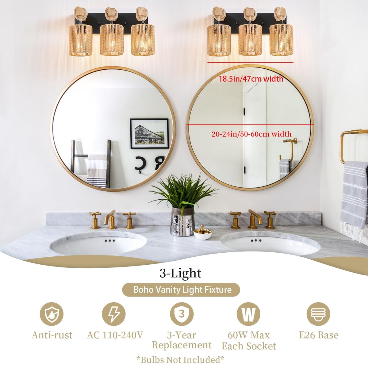 3-Light Bathroom Vanity Light Fixture - Boho Rattan Wall Sconce, Farmhouse Style