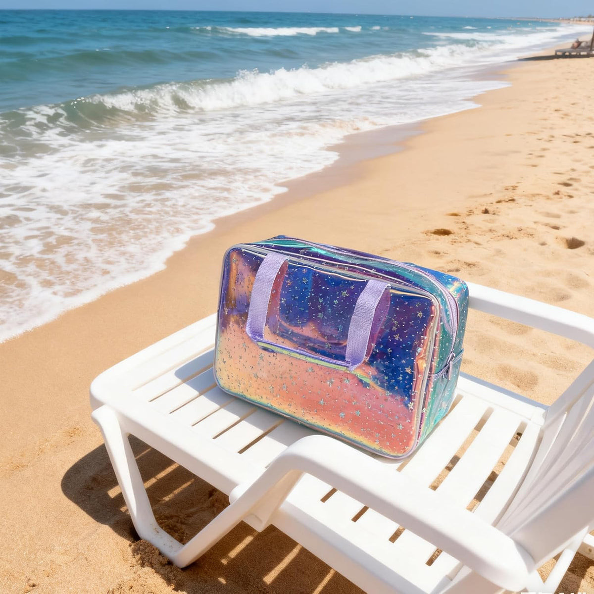 Large Holographic Purple Star Cosmetic Travel Bag with Handle Waterproof