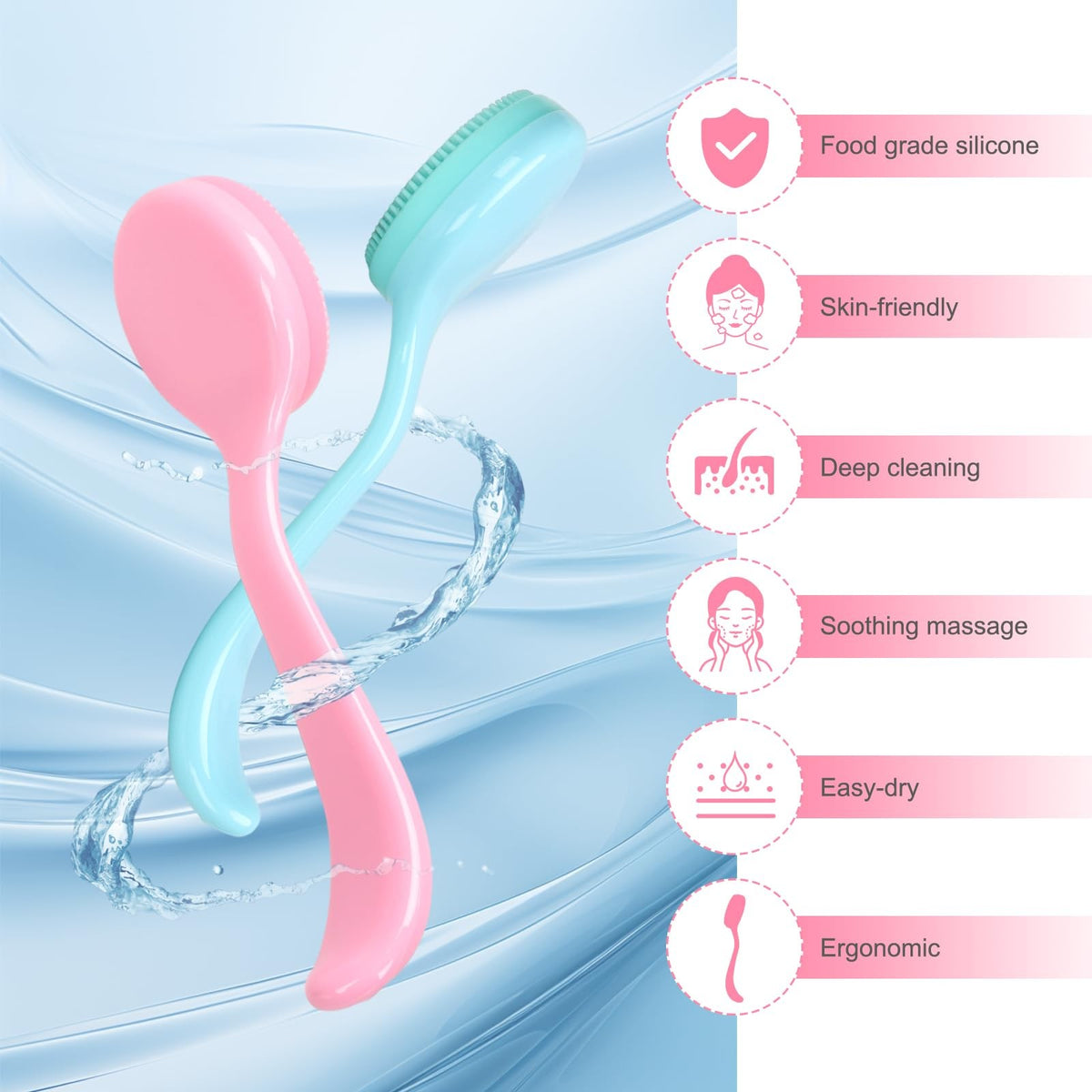 Silicone Facial Cleansing Brush 2 Pack - Pink & Blue Skin Care Tools