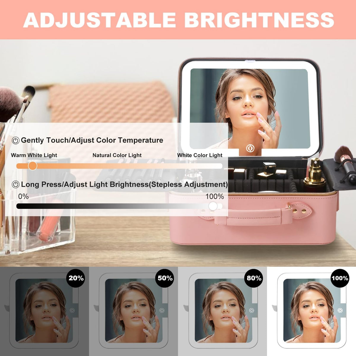 Travel Makeup Bag with LED Lighted Mirror - Waterproof Cosmetic Organizer
