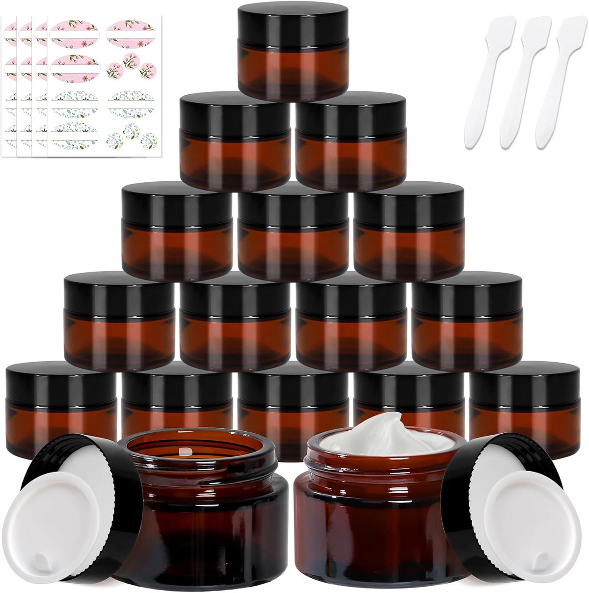 24 Pack 1 oz Amber Glass Cosmetic Jars with Black Lids and Labels