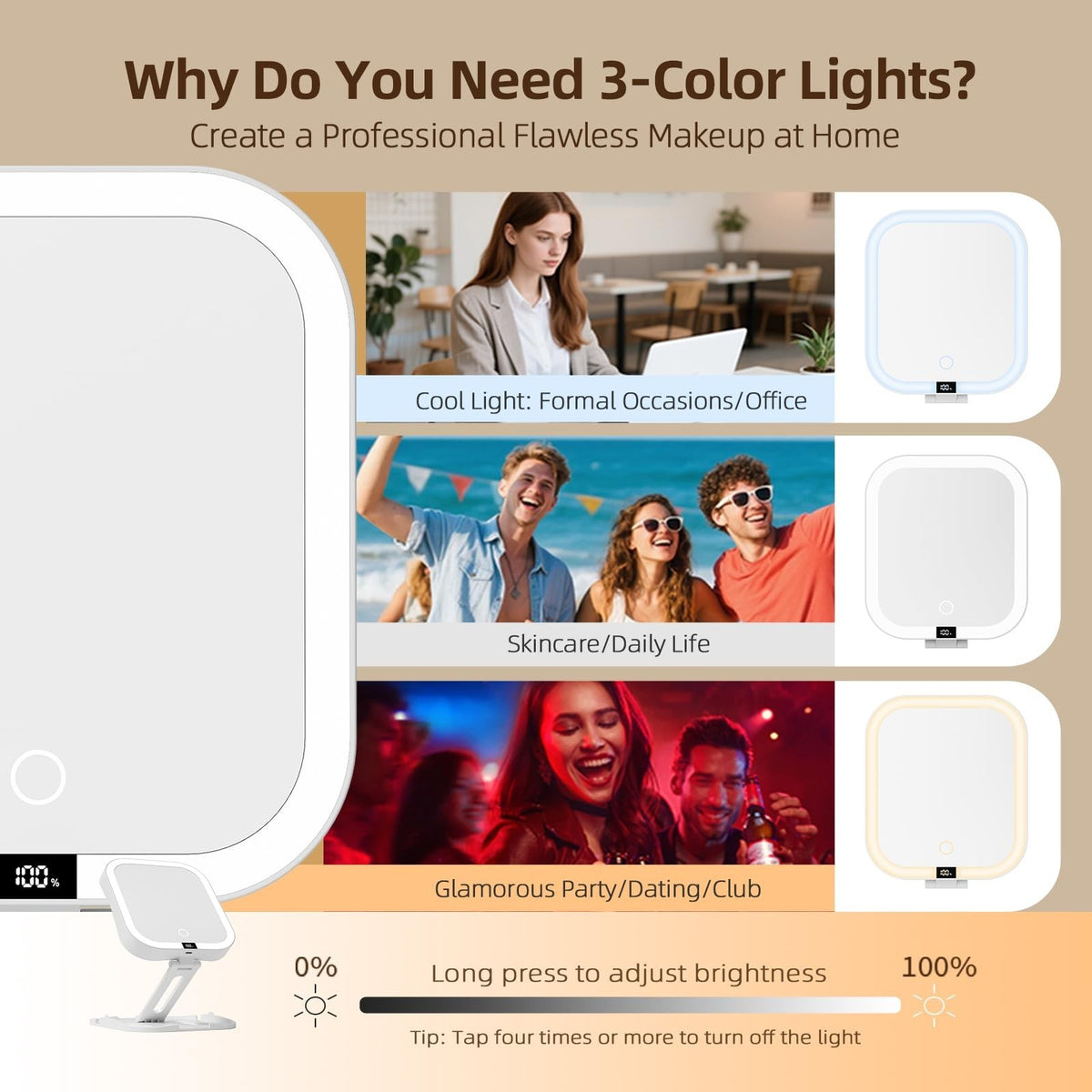 Travel Makeup Mirror with 1X/10X Magnification, Dimmable LED Touch Screen, Rechargeable