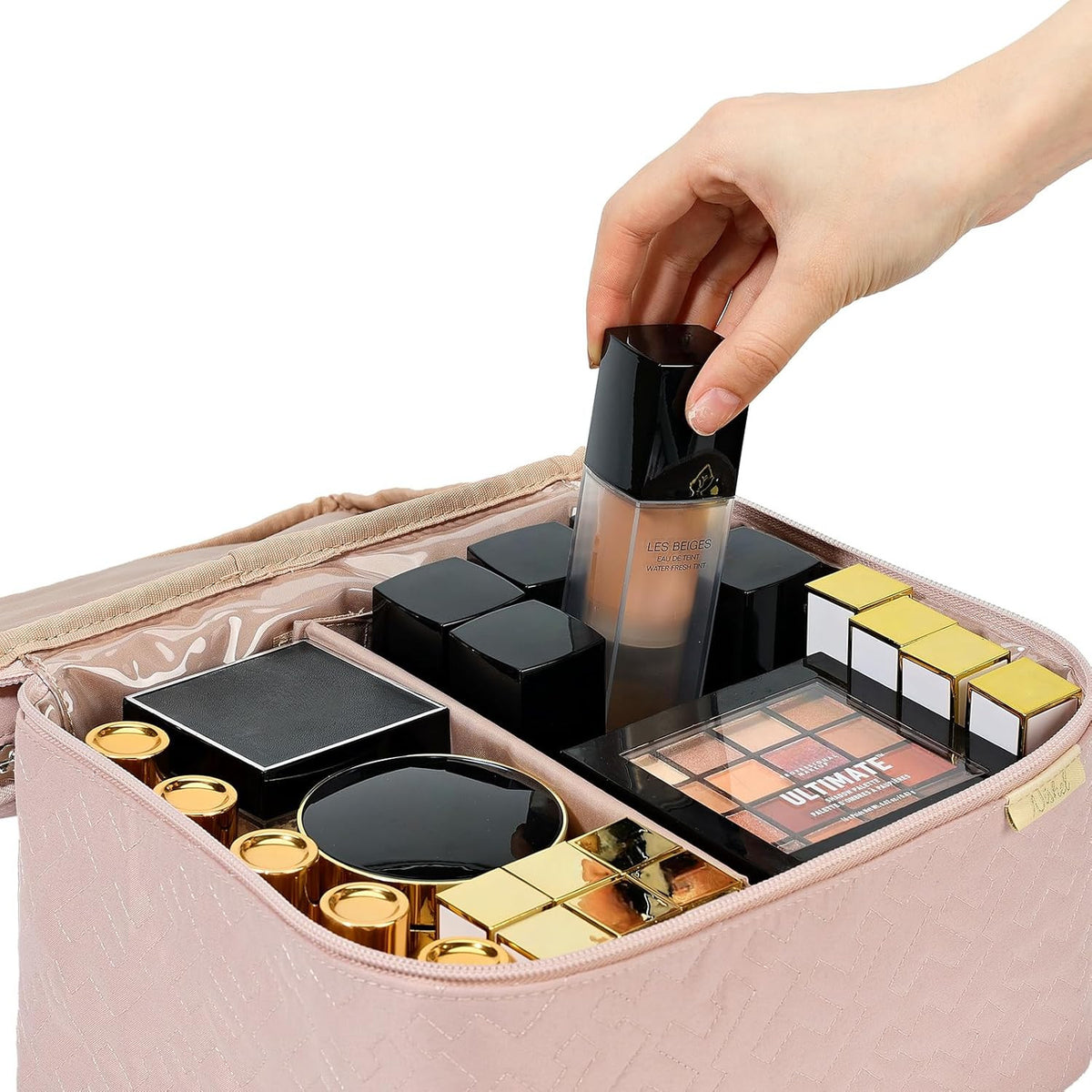 Double Layer Makeup Bag Organizer Travel Cosmetic Case with Adjustable Dividers
