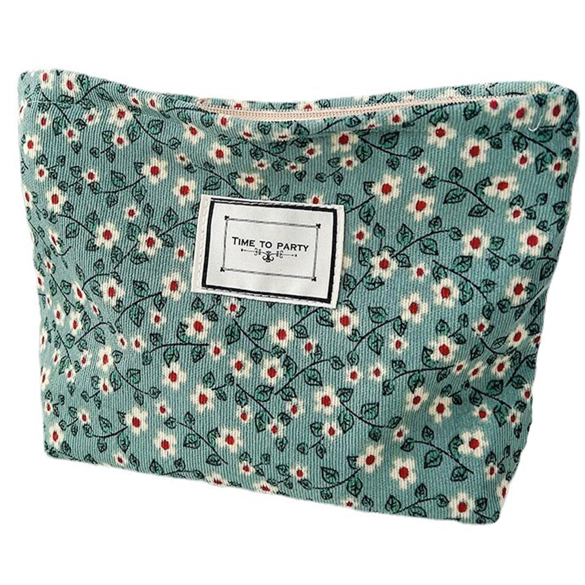 Large Capacity Canvas Makeup Bag - Green Floral Travel Organizer