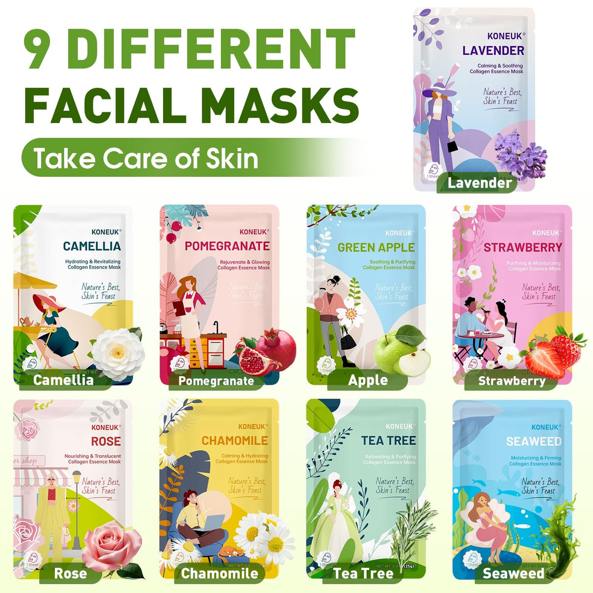 Collagen Sheet Face Masks - 27 Pack, 9 Types