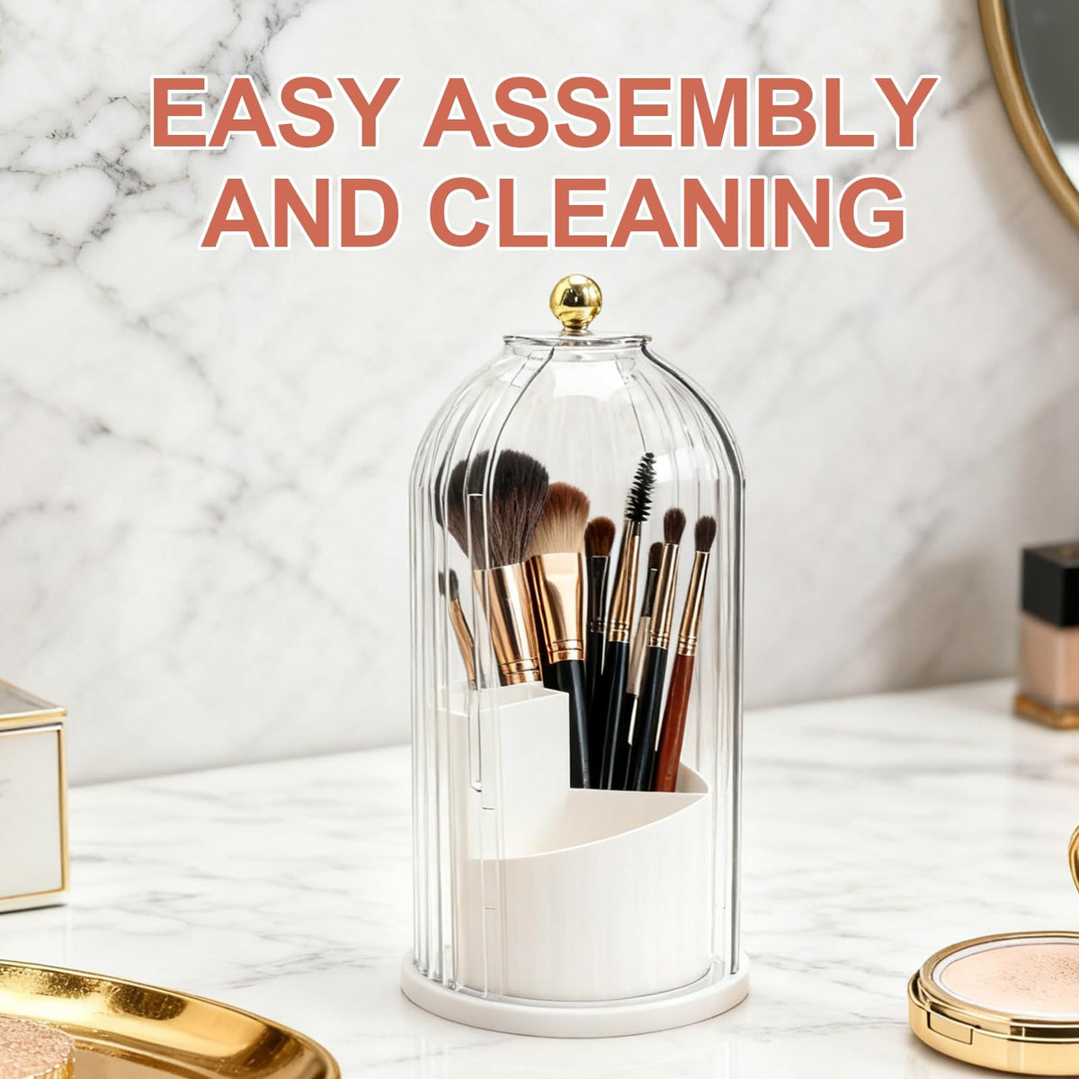 Rotating Makeup Brush Holder Organizer with Dustproof Lid - Transparent
