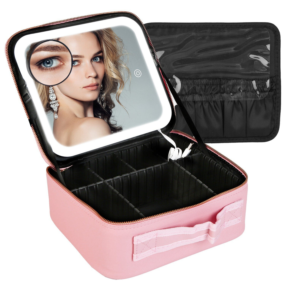 Travel Makeup Bag with LED Mirror and Adjustable Compartments Organizer