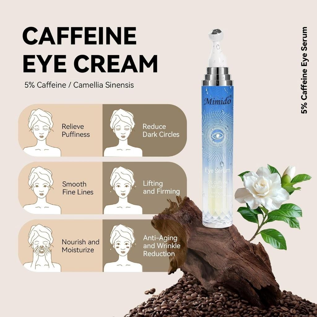 5% Caffeine Eye Serum with Cooling Roller - Anti-Aging Dark Circles Relief