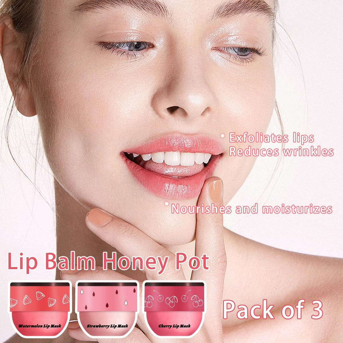 Set of 3 Honey Lip Balm Pots with Watermelon, Cherry & Strawberry Extracts – Nourishing Overnight Lip Masks