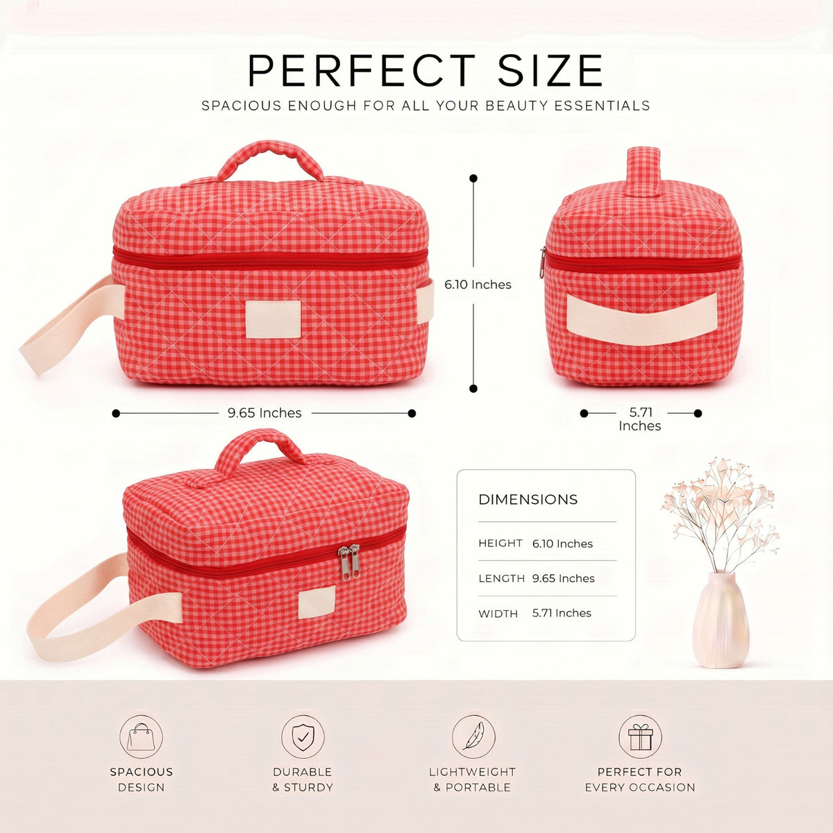 Large Quilted Makeup Bag for Women with Top Handle - Water-Resistant Cosmetic Organizer