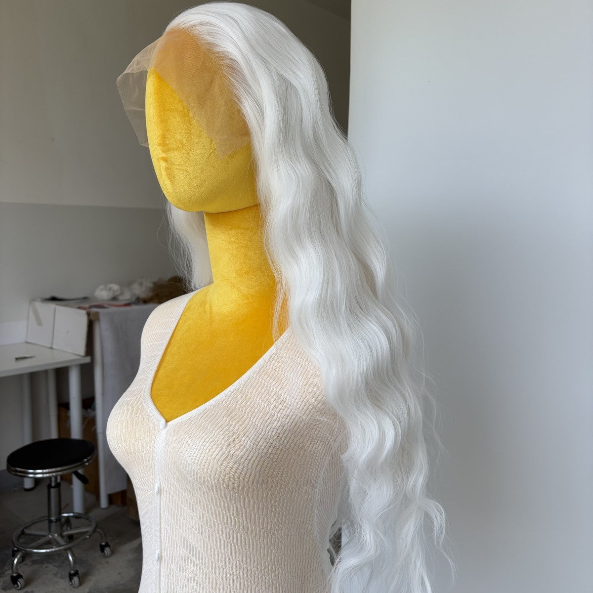 Long Wavy White Synthetic Lace Front Wig for Women - Heat Resistant & Soft