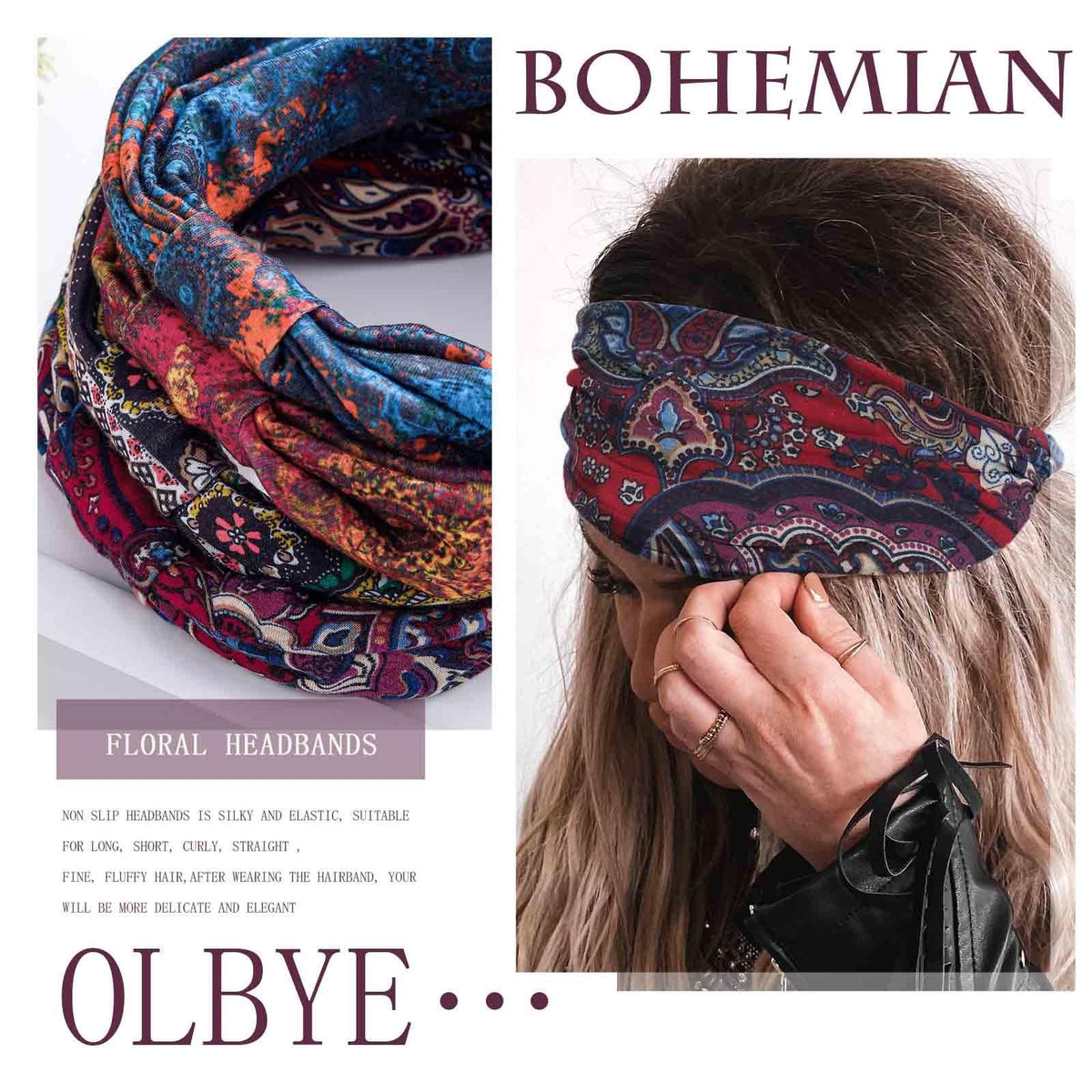 Wide Boho Headbands Floral Stretch Head Wraps 1 Count (Pack of 4),