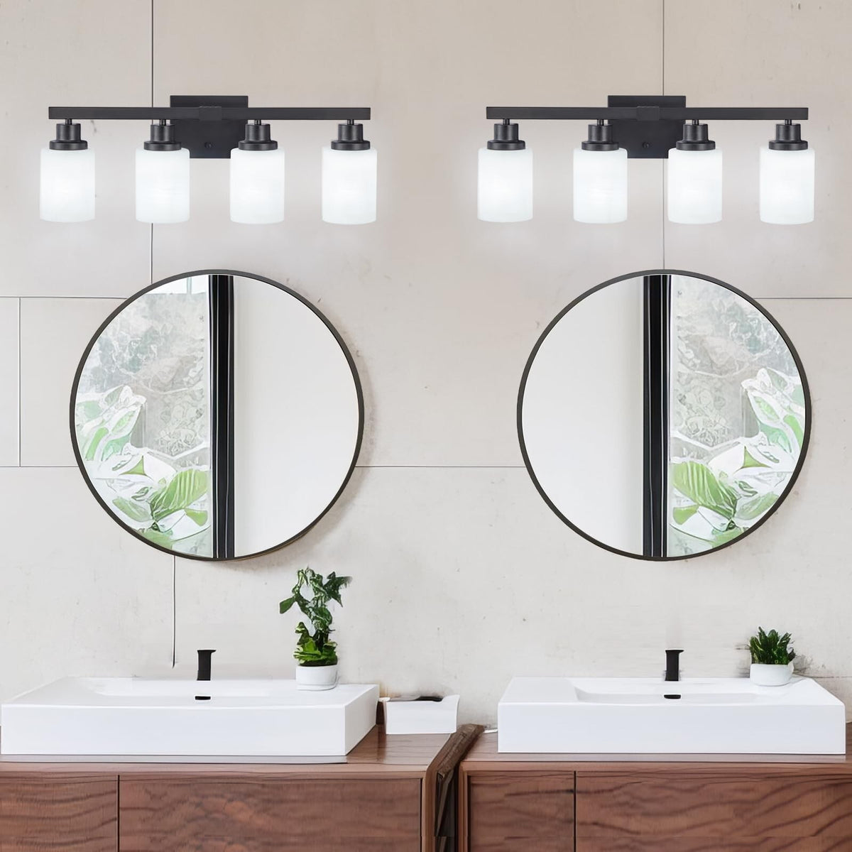 4-Light Matte Black Bathroom Vanity Light with White Glass Shades