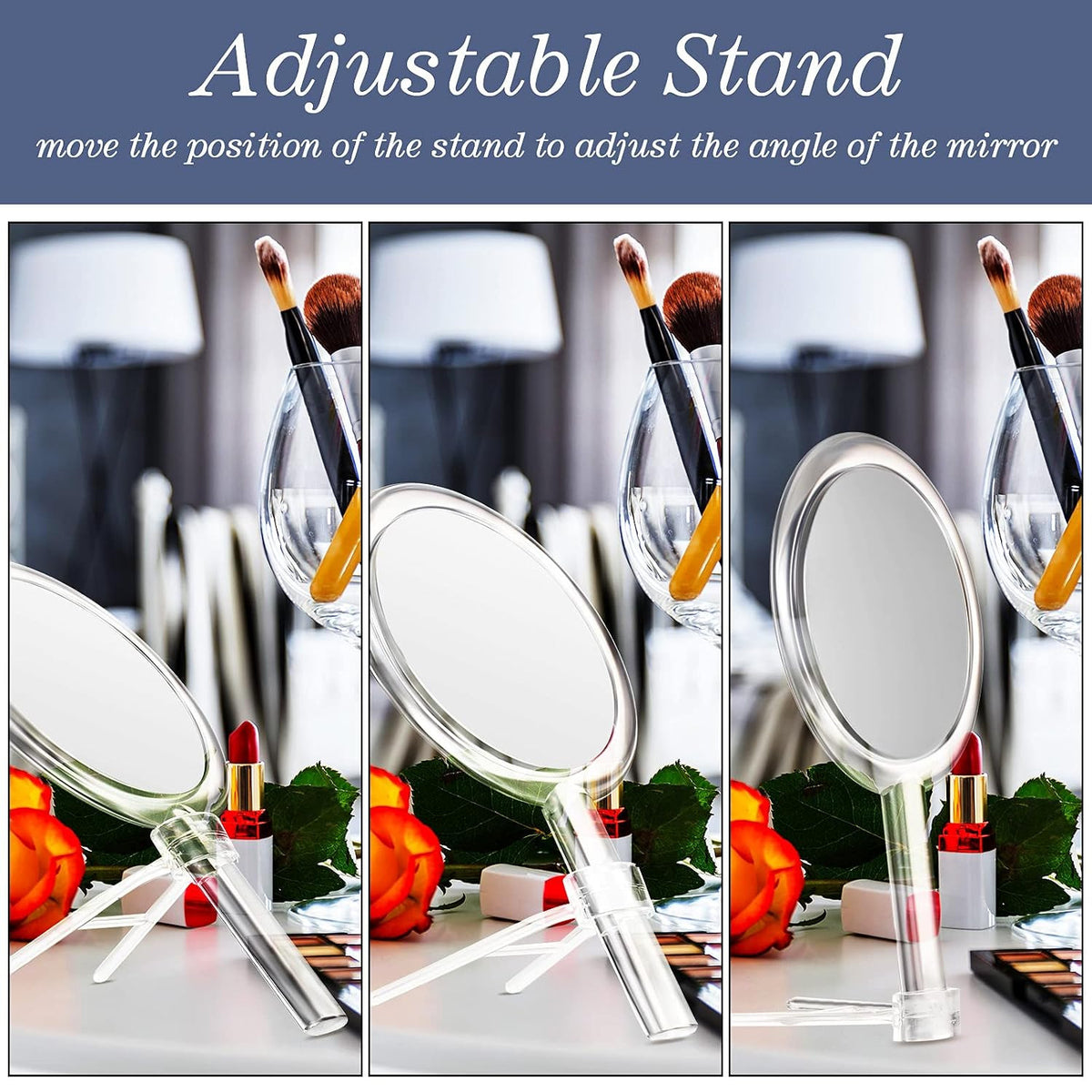 Double-Sided Hand Makeup Mirror with Stand 1x/10x Magnification Portable