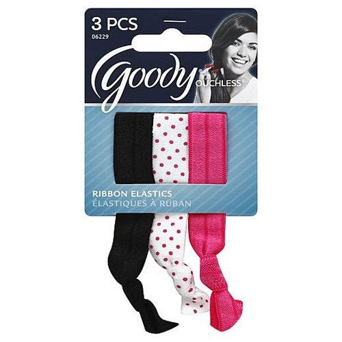 3 Pack Goody Women's Ouchless Ribbon Elastics Pink, Polka Dot, Black