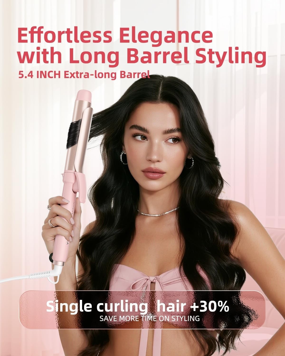 Long Barrel 1.25 Inch Hair Curling Iron with Ionic Ceramic, 5 Settings - Pink