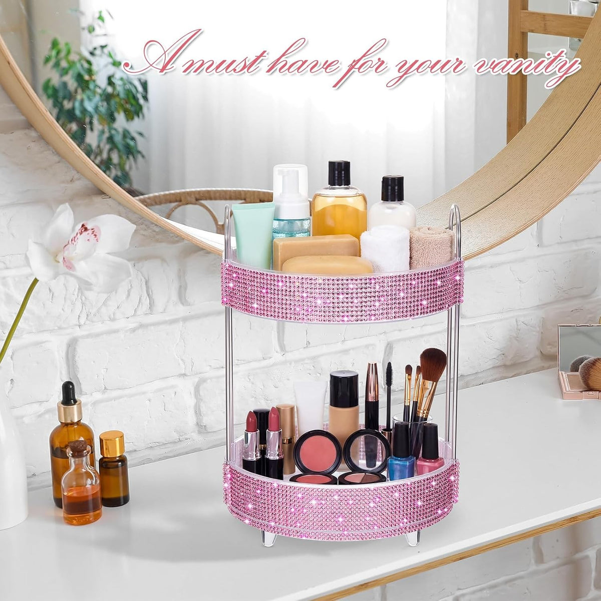 360 Rotating Rhinestone Perfume Organizer 2 Tiers Pink Diamond Display