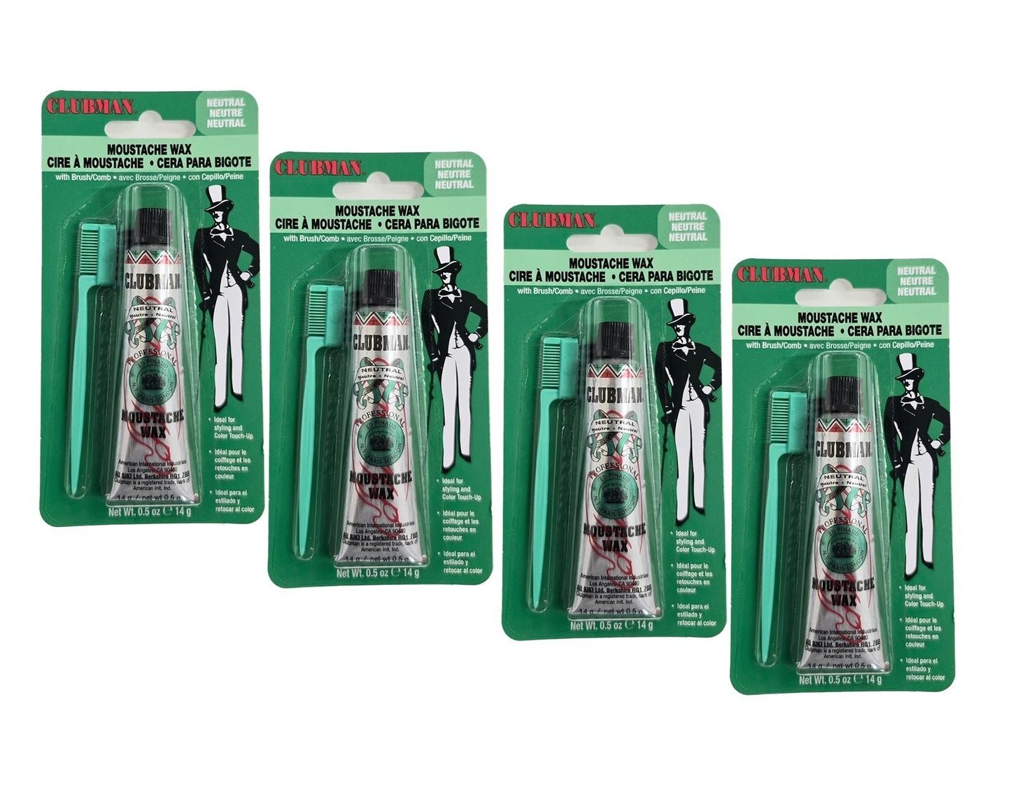Moustache Wax Hang Pack Neutral 0.5 oz - 4 Pack with Applicator Brush