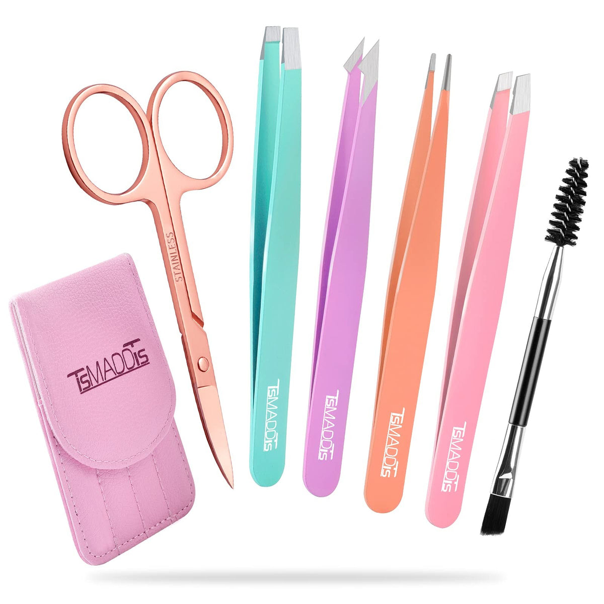 6-Piece Eyebrow Tweezers Set with Curved Scissors & Brush - Multi-Color