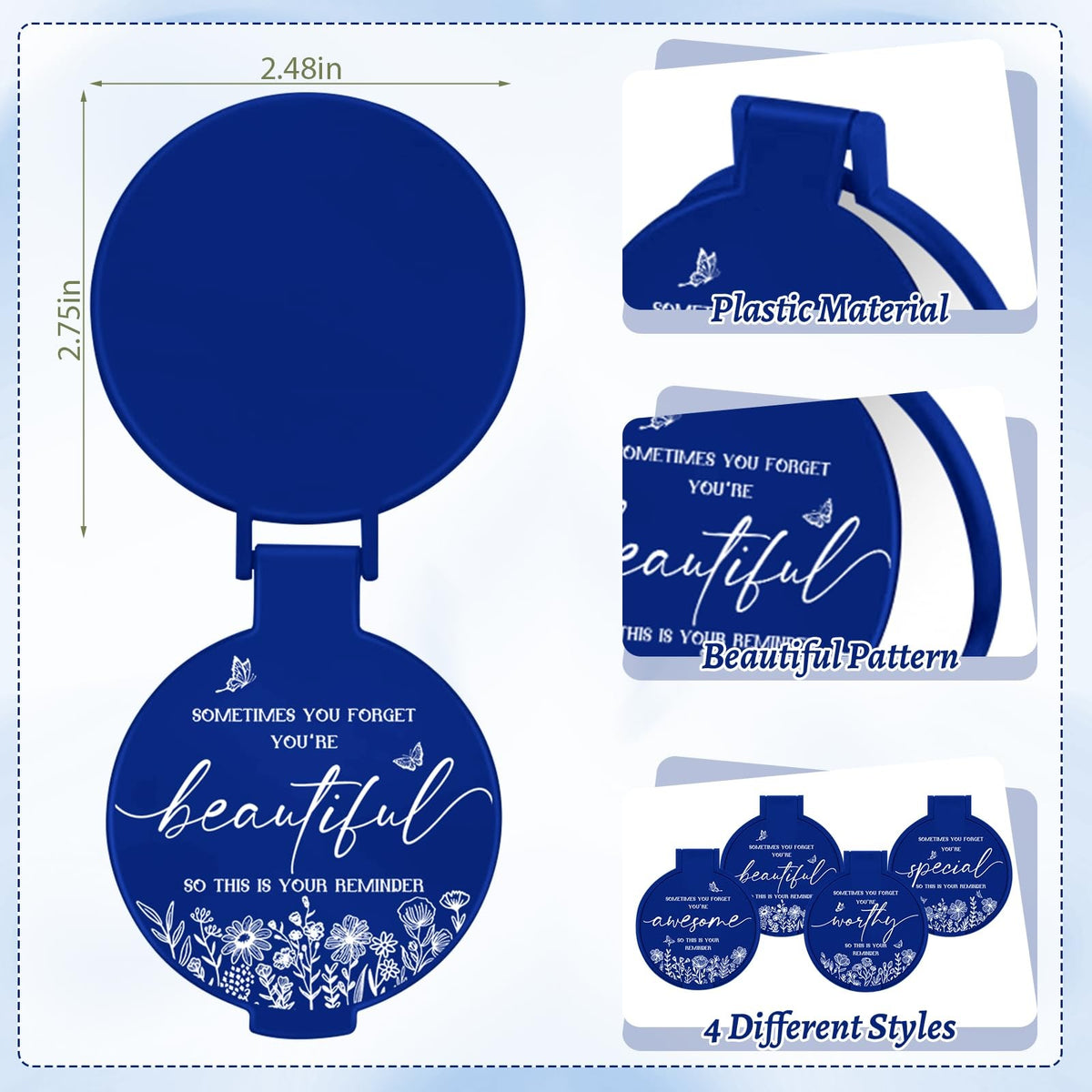 100 Pcs Blue Compact Mirror Set – Pocket Folding Makeup Mirrors with Messages