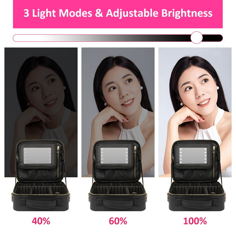 Travel Waterproof Makeup Bag with LED Light Mirror and Handle