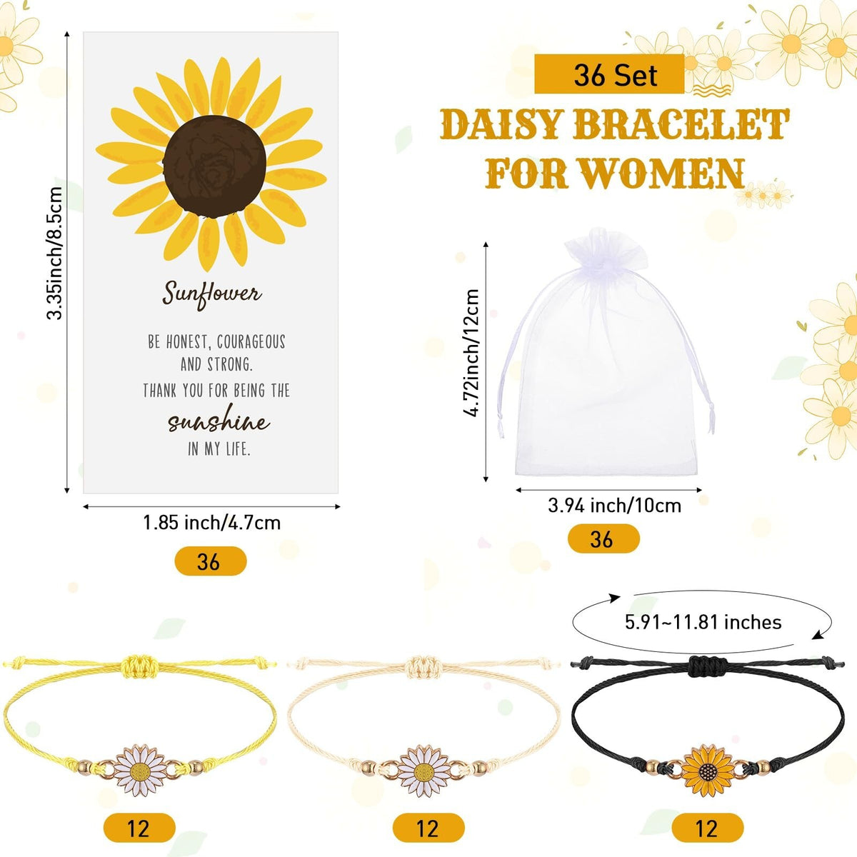 Sunflower Bracelets 36-Pack Gift Set for Women — Adjustable Metal Beaded Accessories