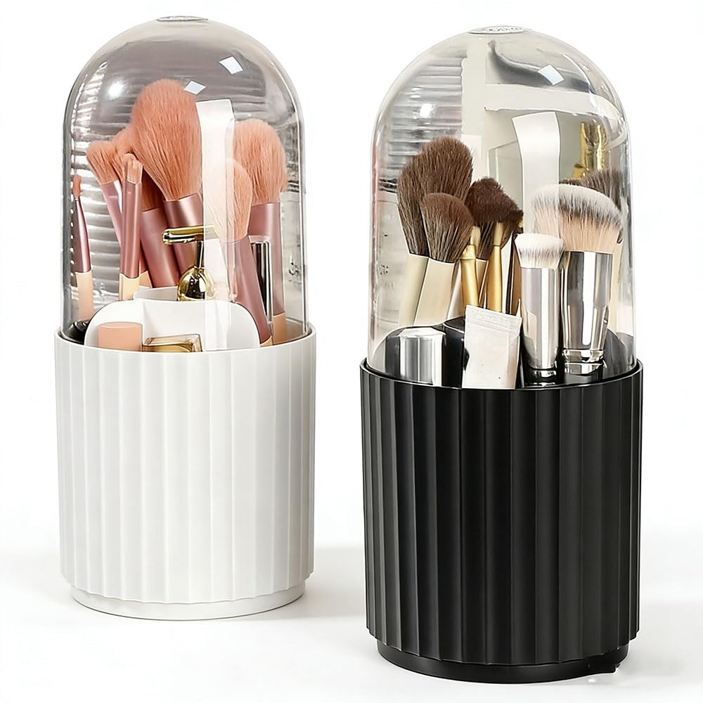 Rotatable Makeup Brush Holder Organizer with Lid - White, 4 Compartments