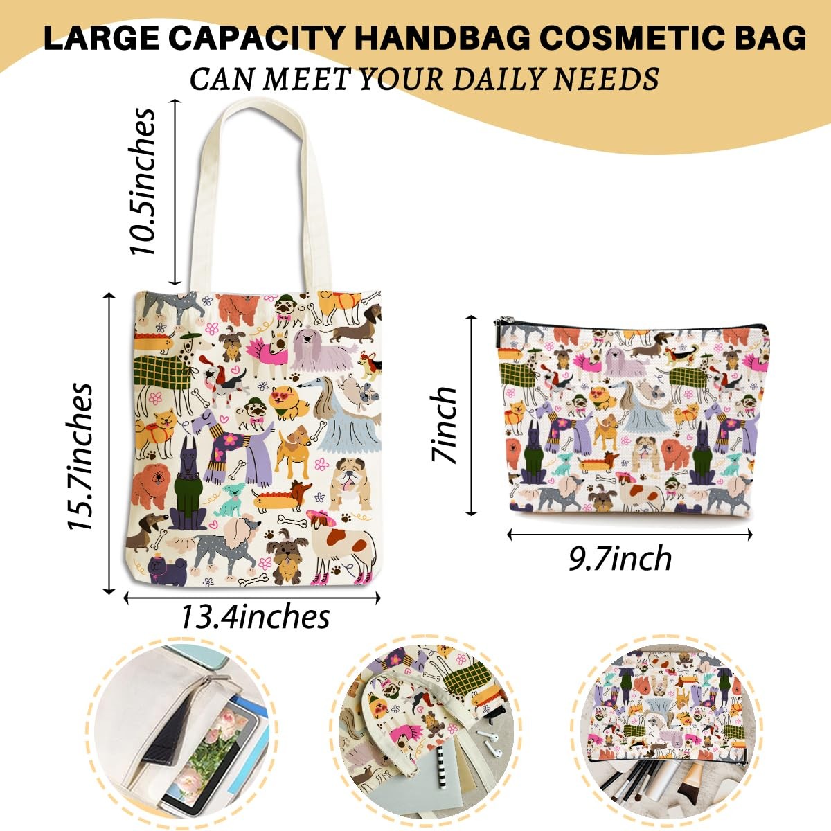 Dog Lover Gift Tote Bag Set with Cosmetic Cases - Stylish Pet Owner Accessories