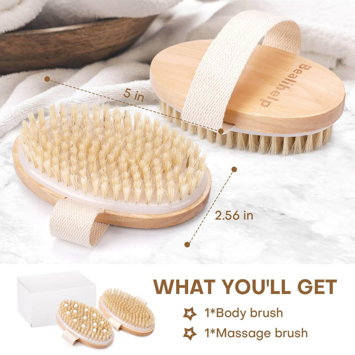 Natural Dry Body Brush with Wooden Handle - Exfoliating & Lymphatic Drainage