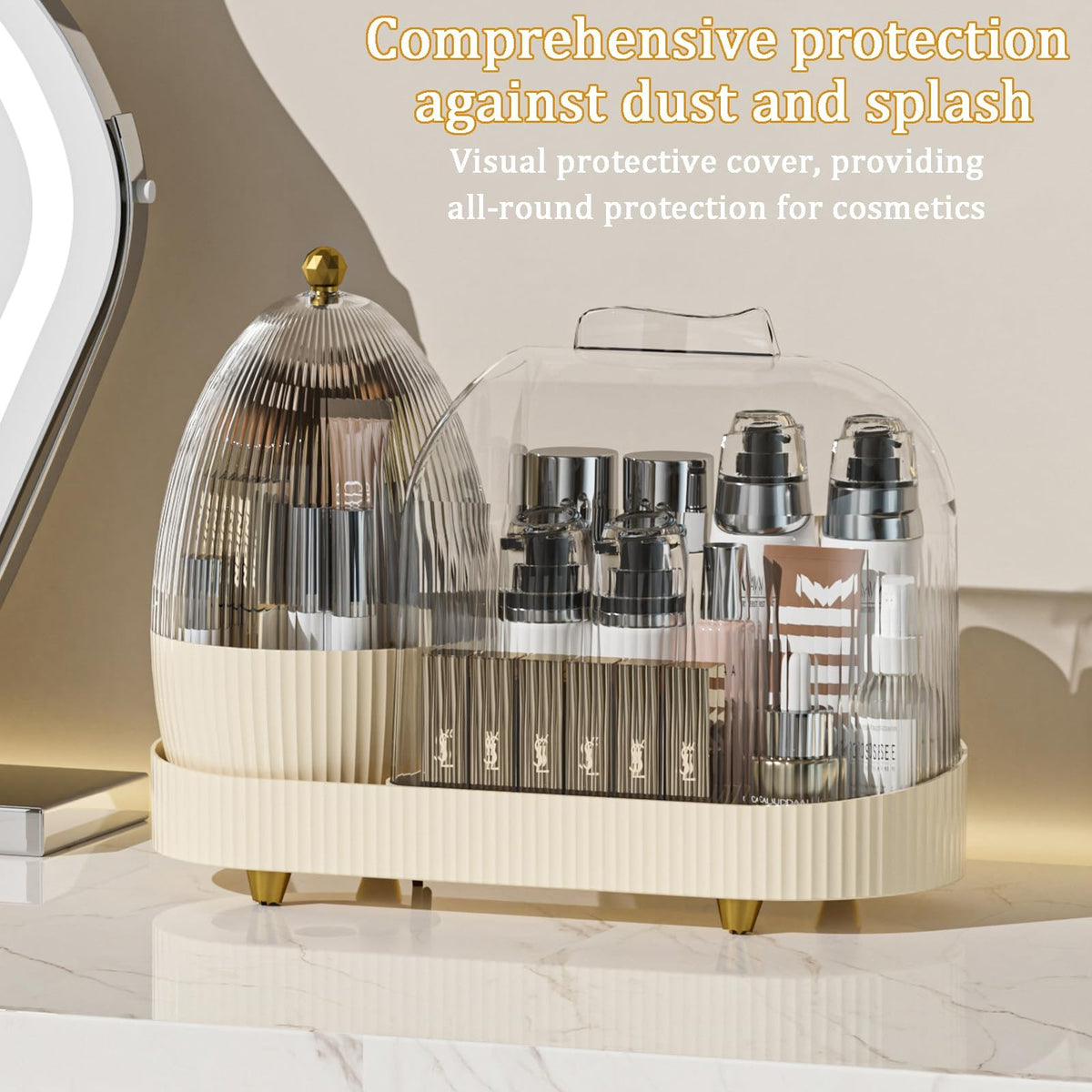 Rotating Makeup Organizer with Brush Holder - Vanity Storage with Dust Cover
