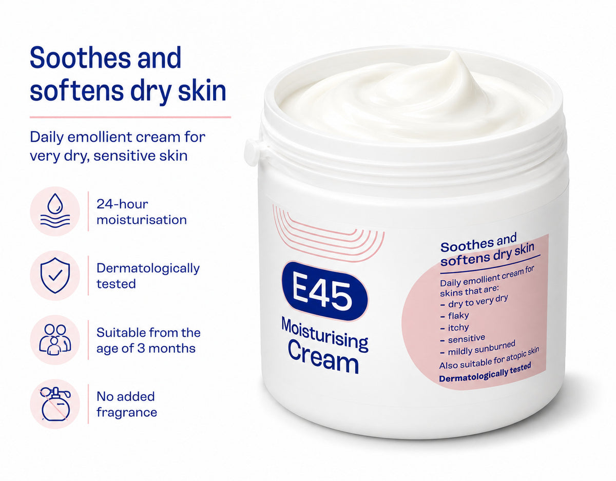 E45 Moisturising Cream 350g - Dry Skin Relief, Fragrance-Free 4 Pack