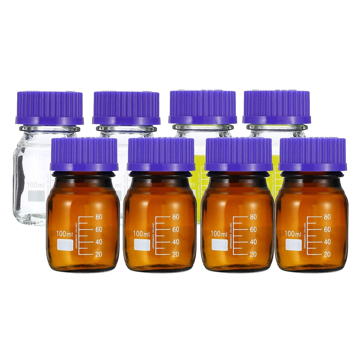 100ml Laboratory Reagent Storage Bottles 8 Pack Borosilicate Glass with Blue Caps