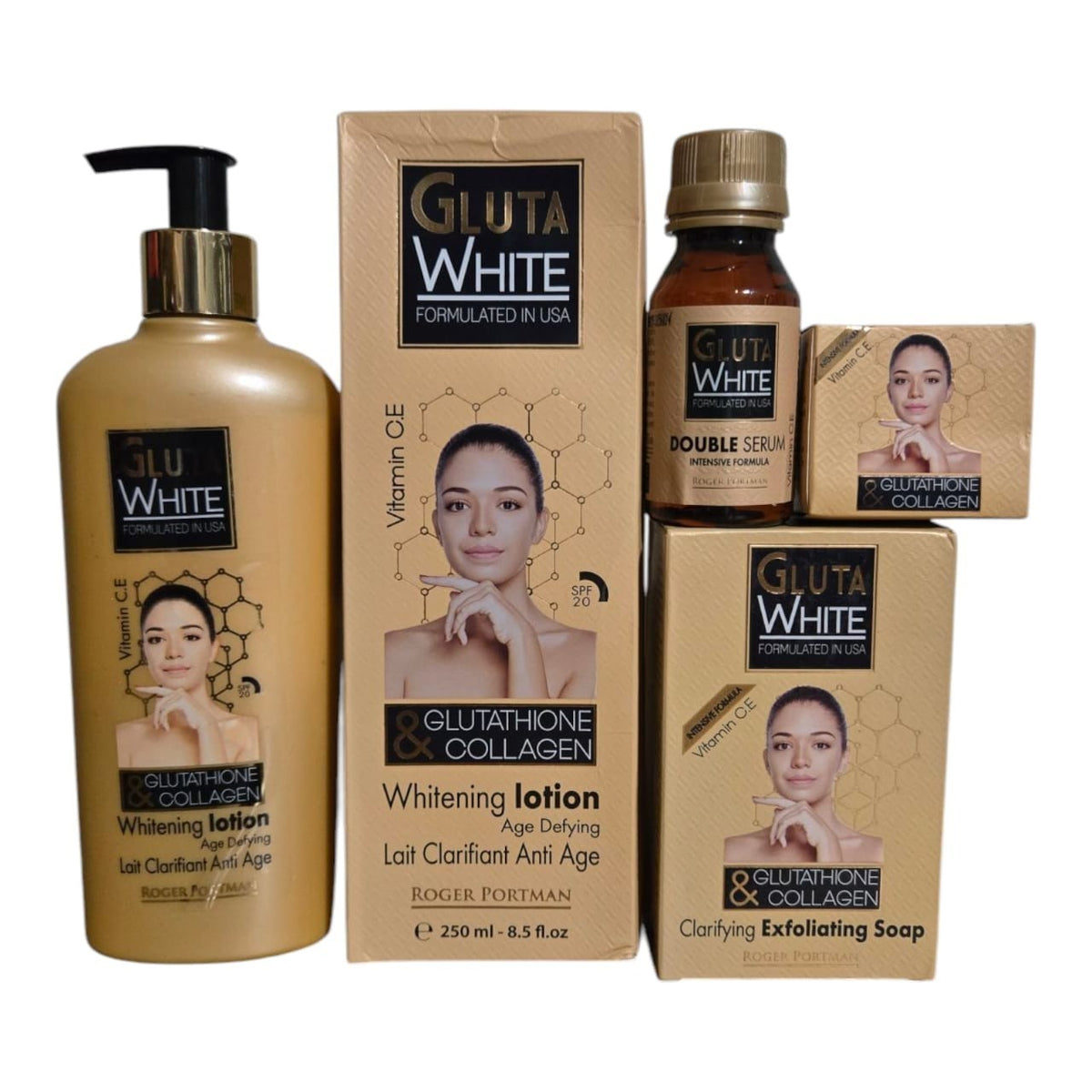 Gluta White Age Defying Glutathione Collagen Lotion Set 250ml with Soap Serum & Cream