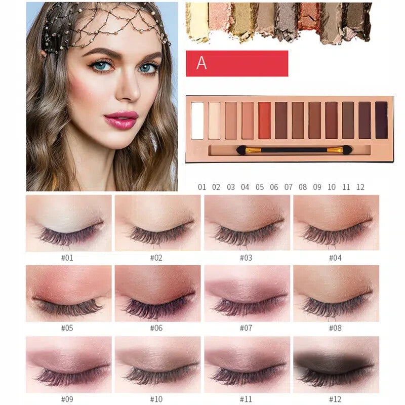 12-Color Matte Eyeshadow Palette with Brush - Eye Makeup Kit