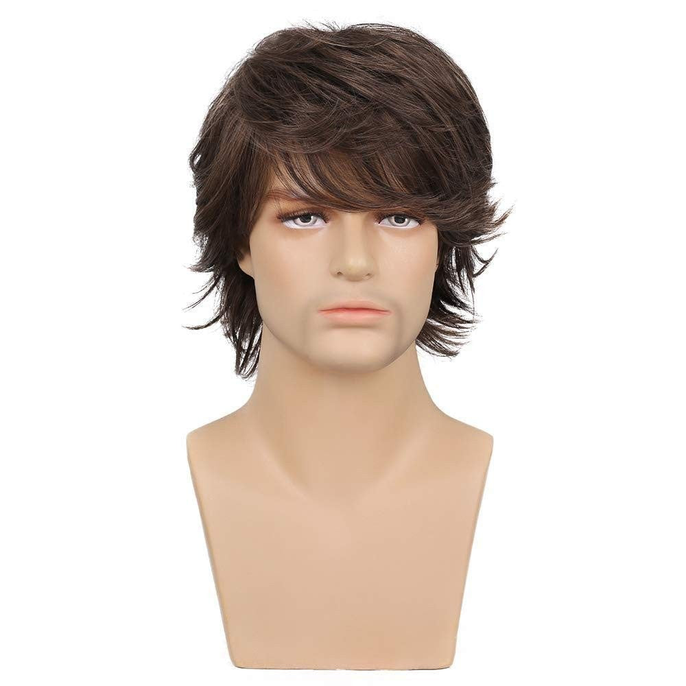 Mens Brown Short Layered Wavy Heat-Resistant Synthetic Wig for Cosplay & Casual