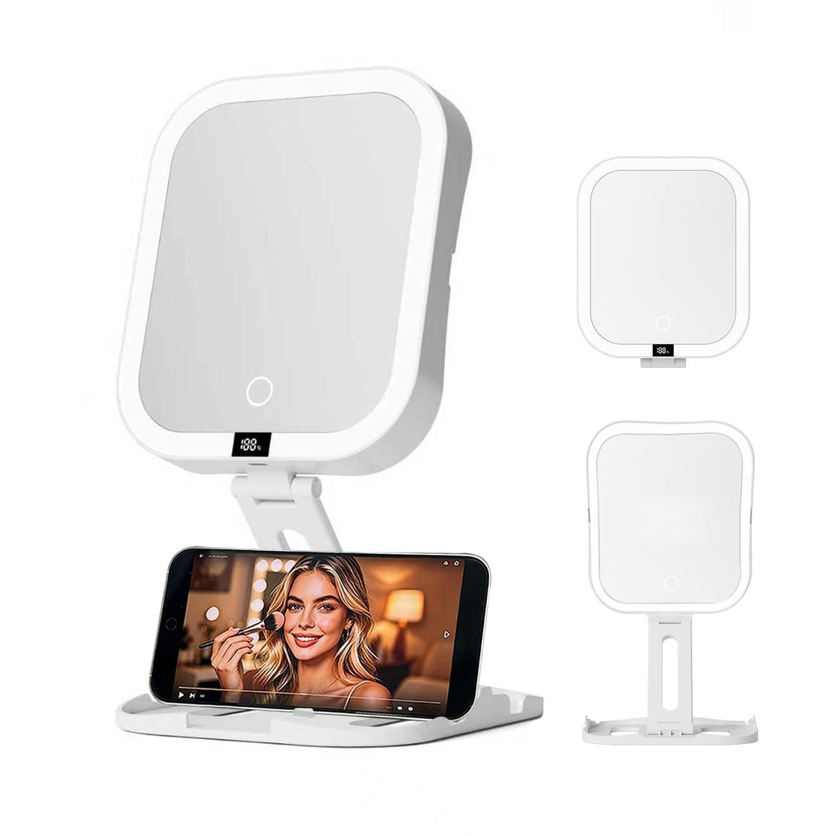 Travel Makeup Mirror with 1X/10X Magnification, Dimmable LED Touch Screen, Rechargeable