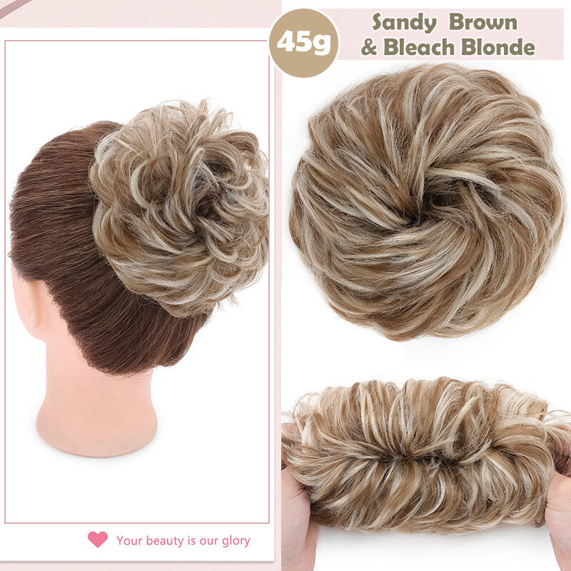 Natural Human Hair Messy Bun Ponytail Extensions with Curly Scrunchie Updo