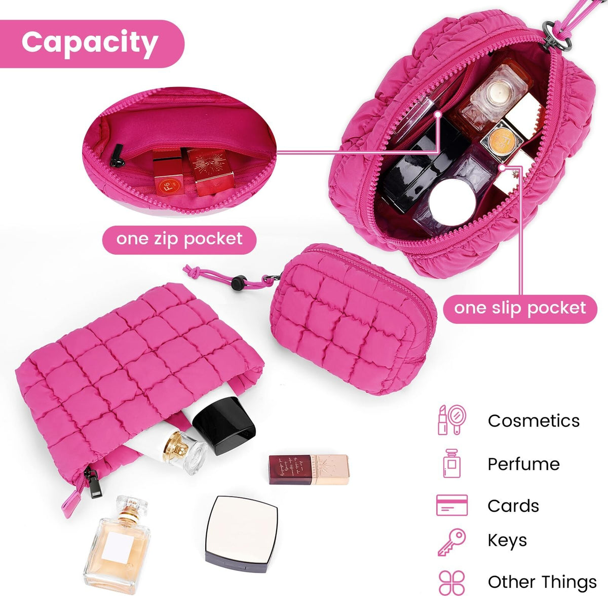 Quilted Makeup Bag and Pouch Set with Card Organizer - Travel Friendly
