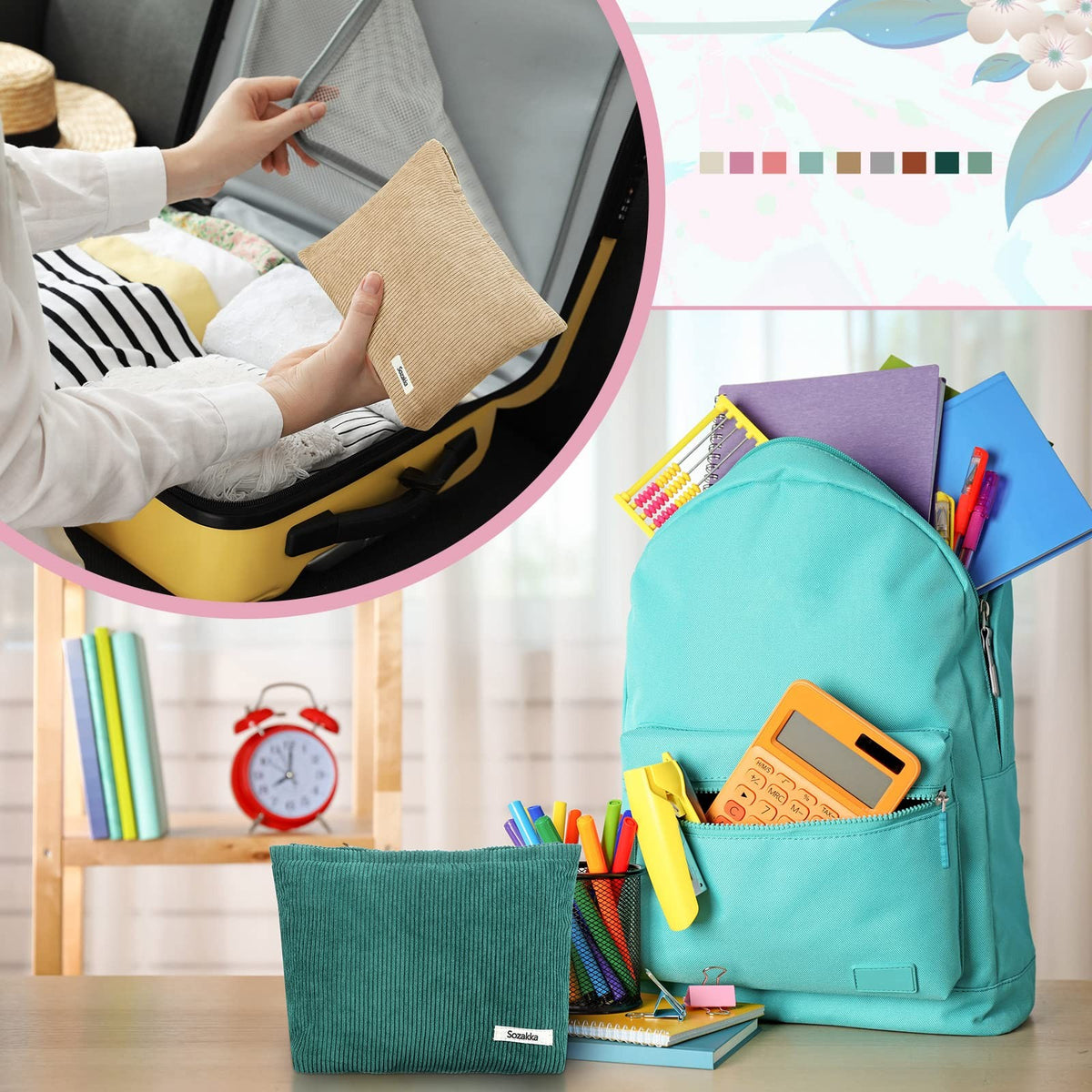 Large Corduroy Makeup Bag Set - 12 Color Travel Cosmetic Pouches 10x7 Inches