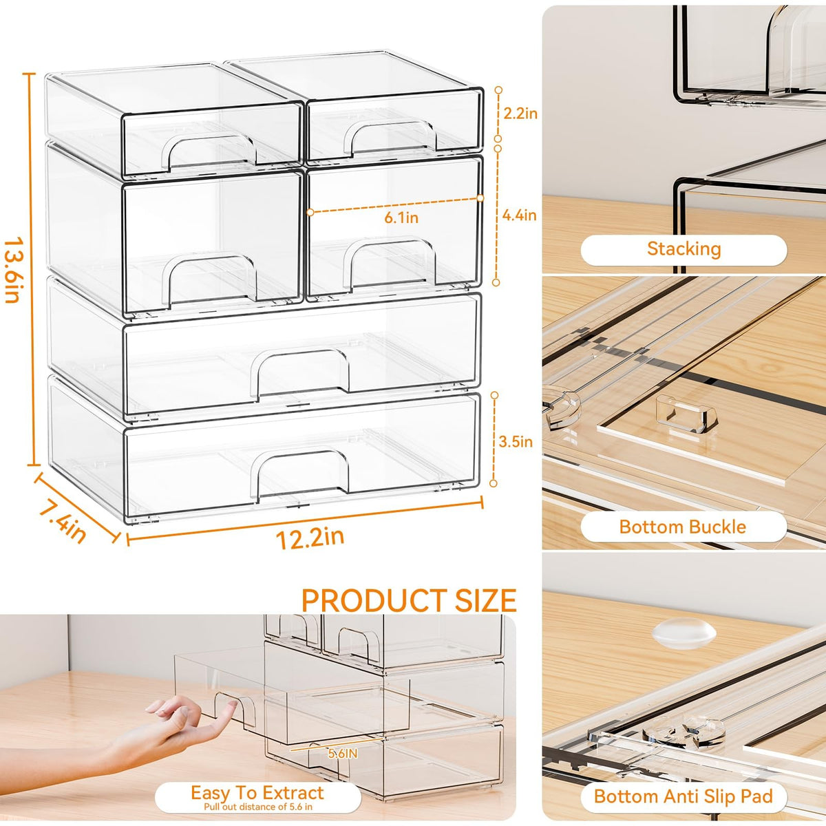 6 Pack Clear Stackable Acrylic Storage Drawers Bathroom Organizer