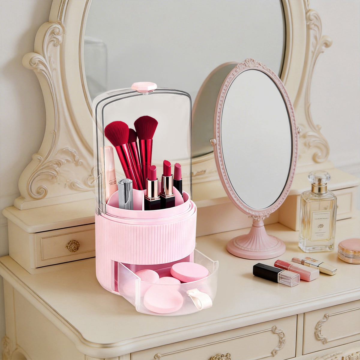 Pink Makeup Brush Organizer with Cover - Cosmetic Brush Storage Box