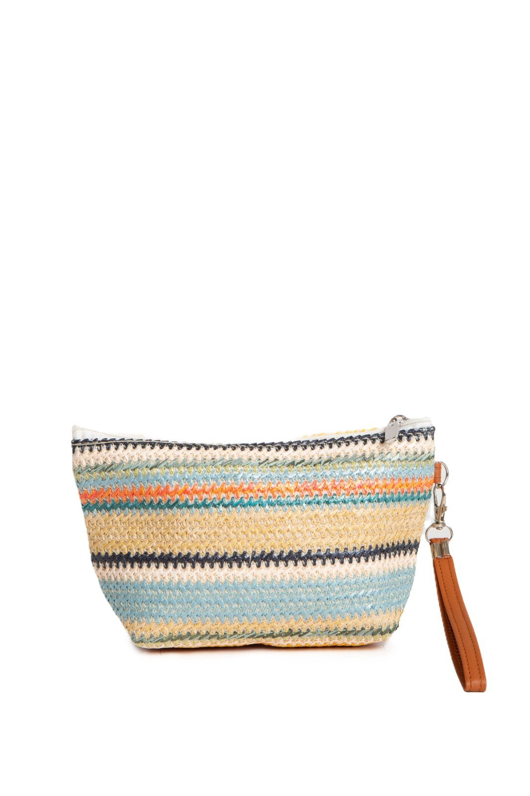 Large Travel Pouch with Multi-Colored Stripes and Daisy Pattern, Zipper Closure
