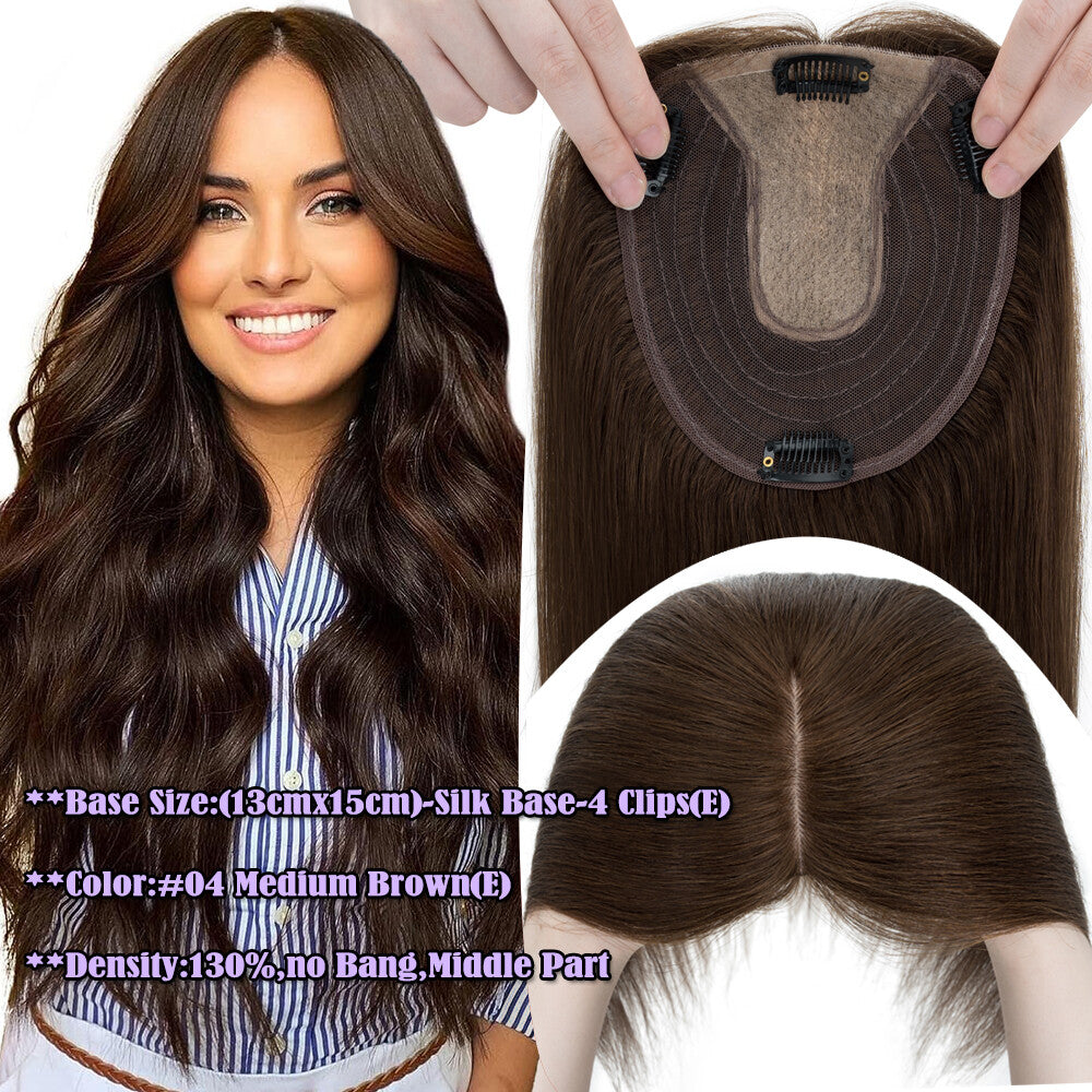 Human Hair Topper Clip-In Hairpiece with Silk Base - Brown, 6-12 Inches