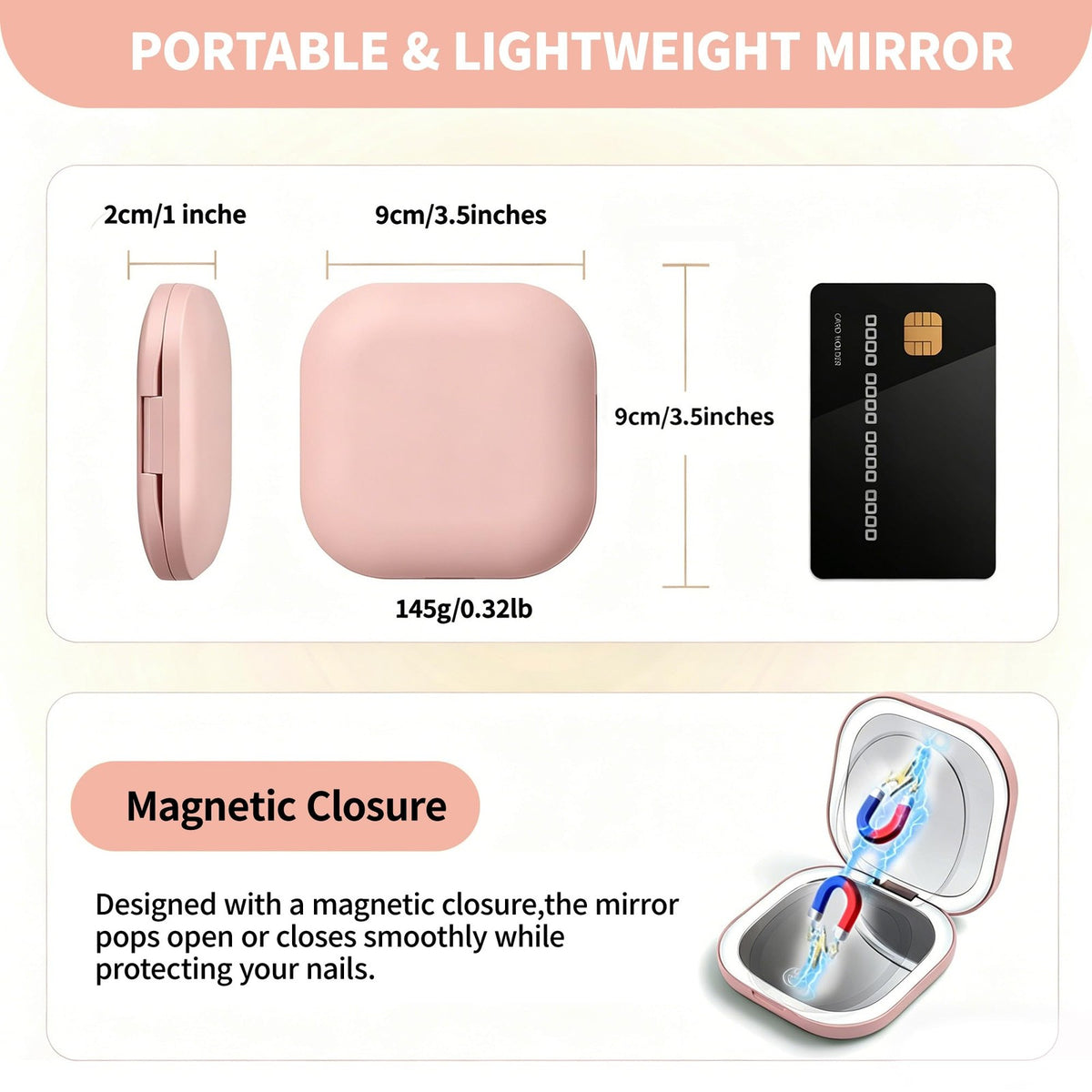 Pink LED Compact Mirror with 1X & 5X Magnification and 3 Light Settings