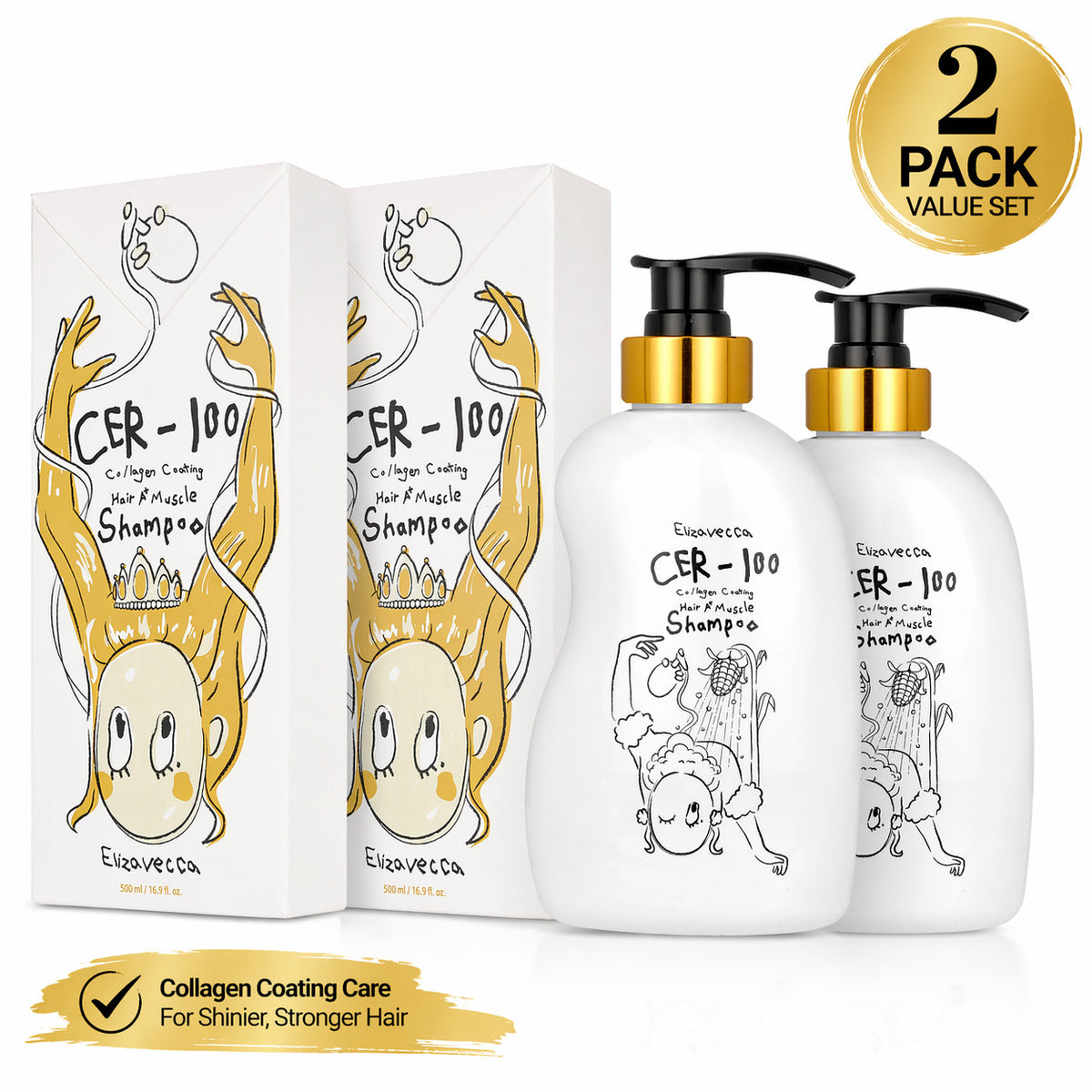 Collagen Hair Shampoo Set - Elizavecca CER-100 Coating Hair Muscle 2 Pack 500ml