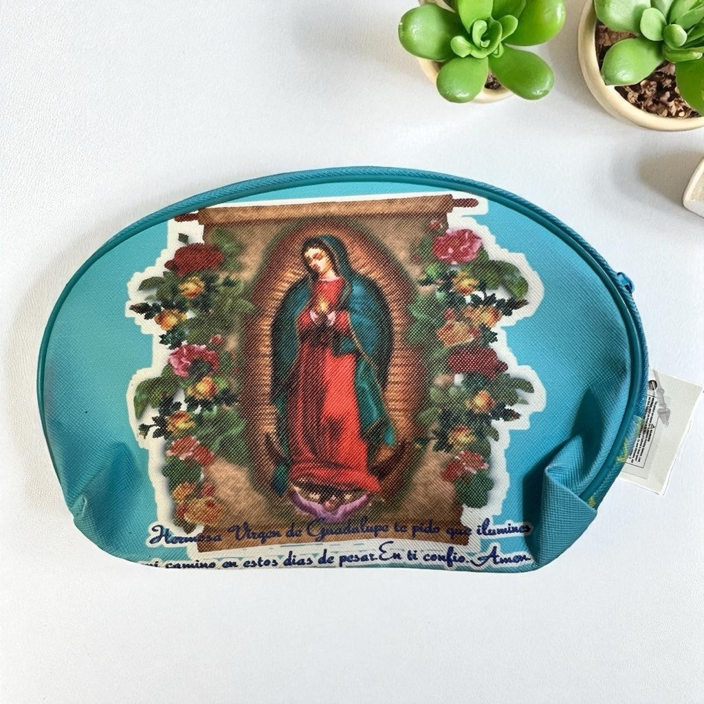Turquoise Virgen de Guadalupe Makeup Bag with Zipper Travel Case 8x6 Inches