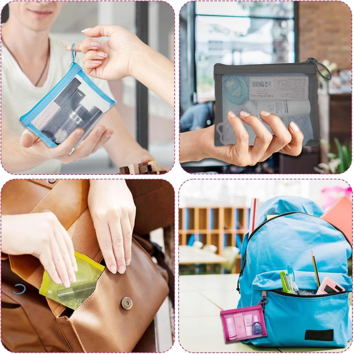 Mini Mesh Makeup Bags 4 Pack - Small Zipper Nylon Cosmetic Pouches